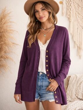 Zenana Plum Purple Button Down Cardigan Size Large Boho Cozy Lightweight Sweater